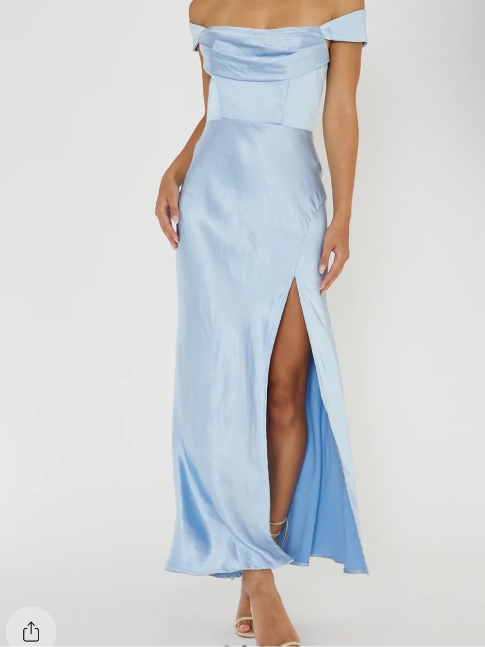 Selfie Leslie Powder Blue Off-Shoulder Satin Maxi Skirt with Thigh Slit